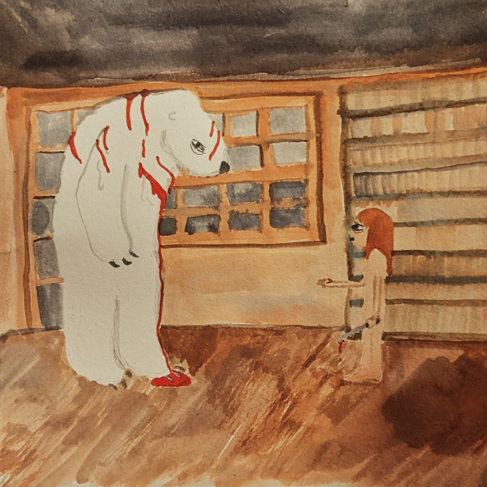 wooden room polar bear and girl