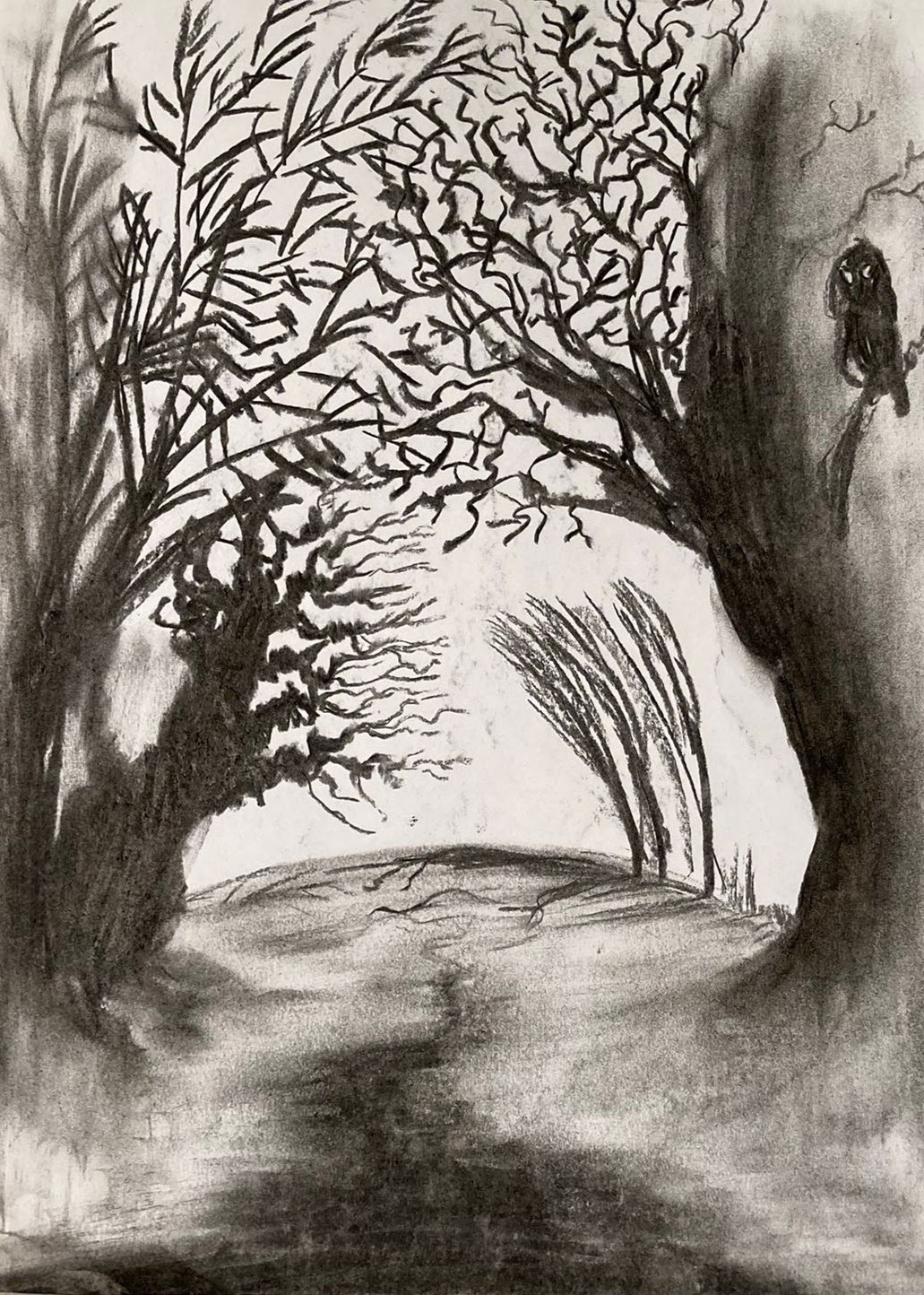 charcoal drawing of wintery landscape